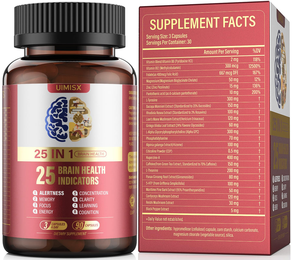 UIMISX Brain Supplement for Mental Alertness, Memory, Focus & Energy, Alpha GPC, Huperzine-A, L-Tyrosine, Phosphatidylserine, Vitamins B6 B12, High Absorption, 90 Capsules UIMISXBuy Supplements Australia