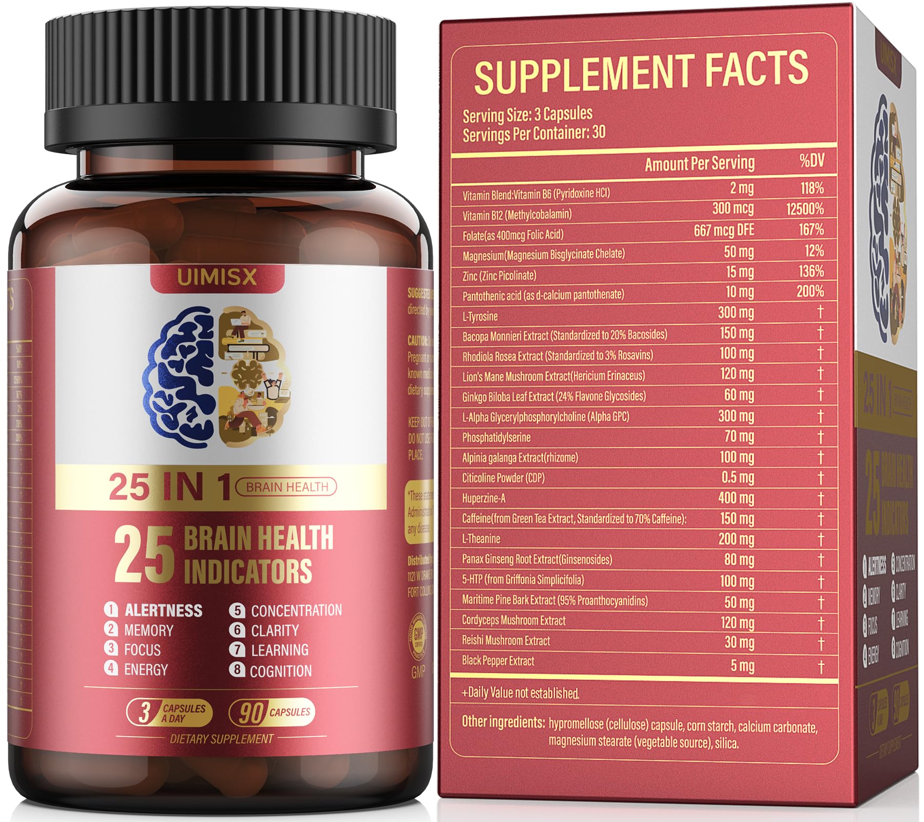 UIMISX Brain Supplement for Mental Alertness, Memory, Focus & Energy, Alpha GPC, Huperzine-A, L-Tyrosine, Phosphatidylserine, Vitamins B6 B12, High Absorption, 90 Capsules UIMISXBuy Supplements Australia