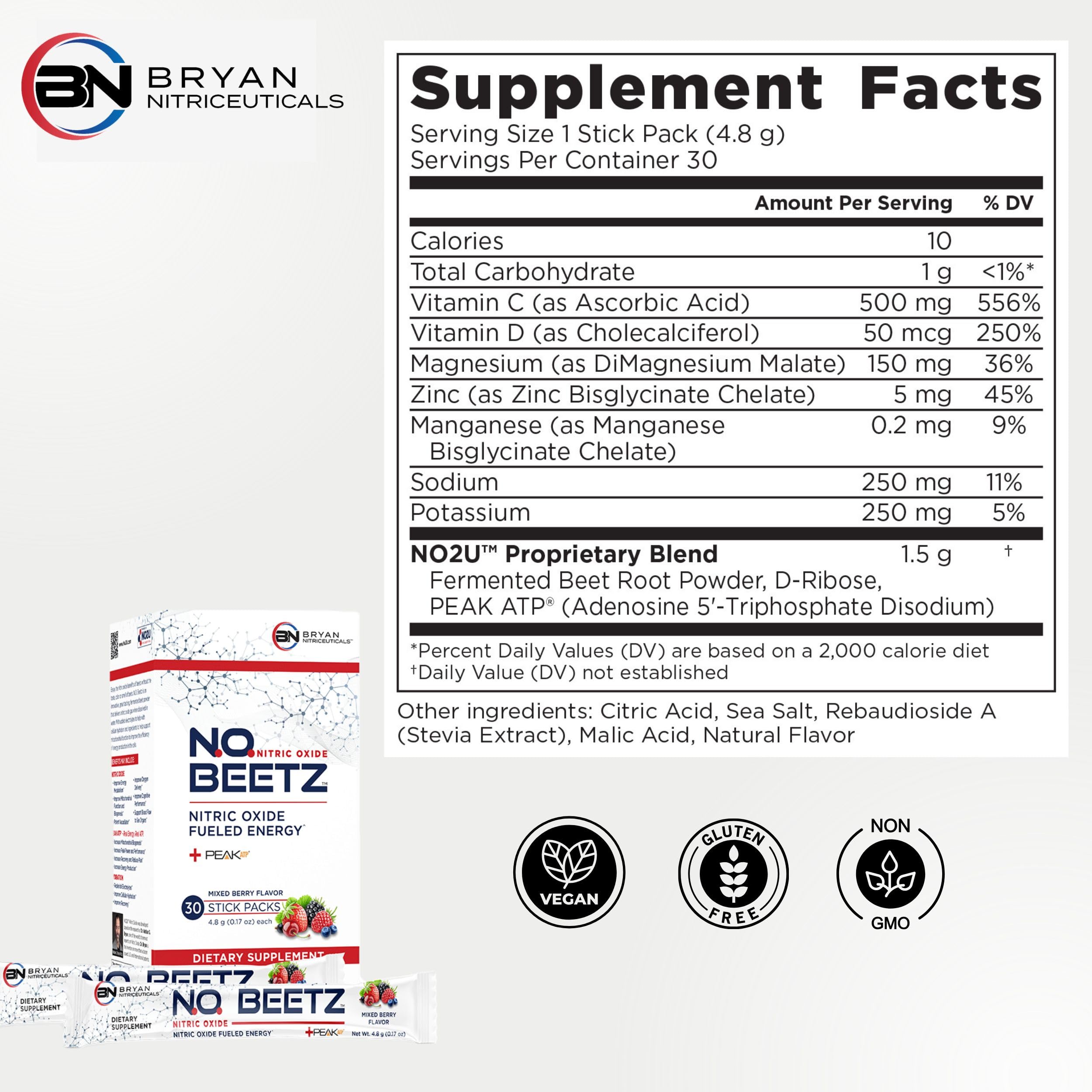 Bryan Nitriceuticals N.O. Beetz Nitric Oxide Fueled Energy Boost Supplement, Hydration & Cellular Energy Production Enhancer, Blend of Vitamins and Minerals (30 Servings) Bryan NitriceuticalsBuy Supplements Australia