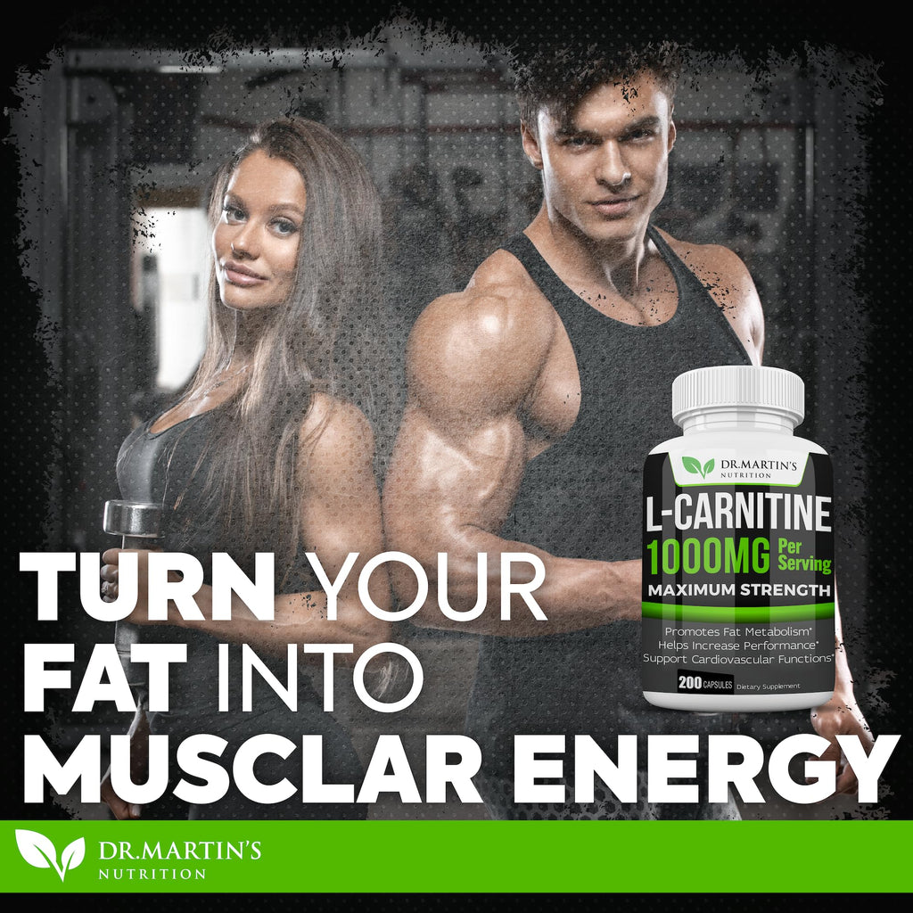 DR. MARTIN'S NUTRITION Extra Strength L-Carnitine - 200 Capsules - 1000mg Per Serving - Boost Your Metabolism and Increase Performance
