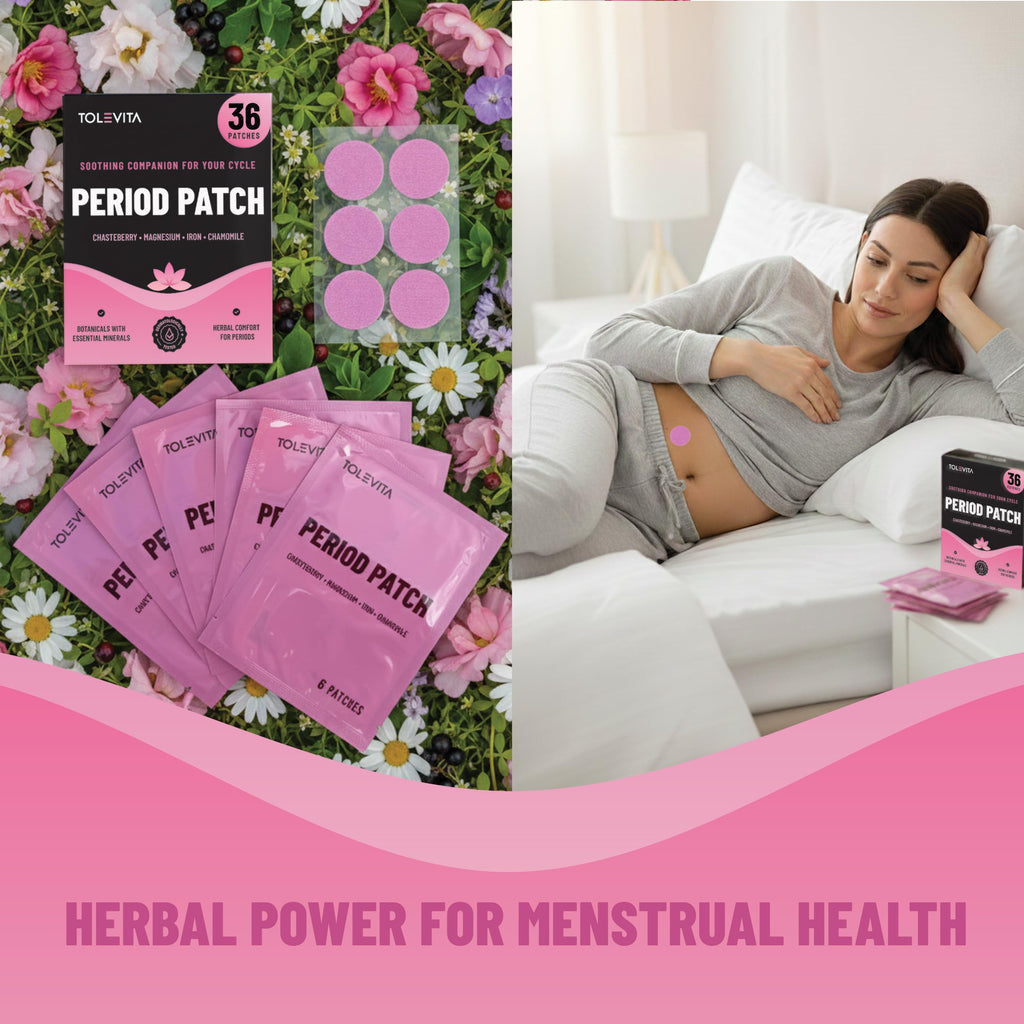 TOLEVITA Period Relief Patches 36 Pcs – Herbal Cramp Support with Chasteberry, Magnesium, Evening Primrose, Dong Quai, Curcumin, Vitamins B6 & E, Iron, Chamomile – Hormonal Balance & Menstrual Comfort TOLEVITABuy Supplements Australia