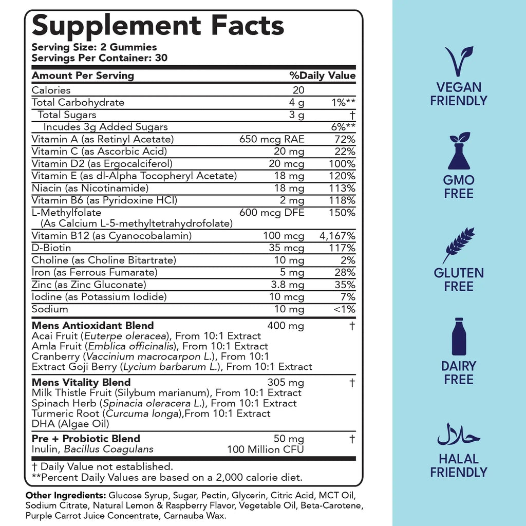 Sakoon nutrition Men's Multivitamin Gummies with Probiotics and Prebiotics, Adult Multivitamin A, C, D, E, B & More Sakoon nutrition