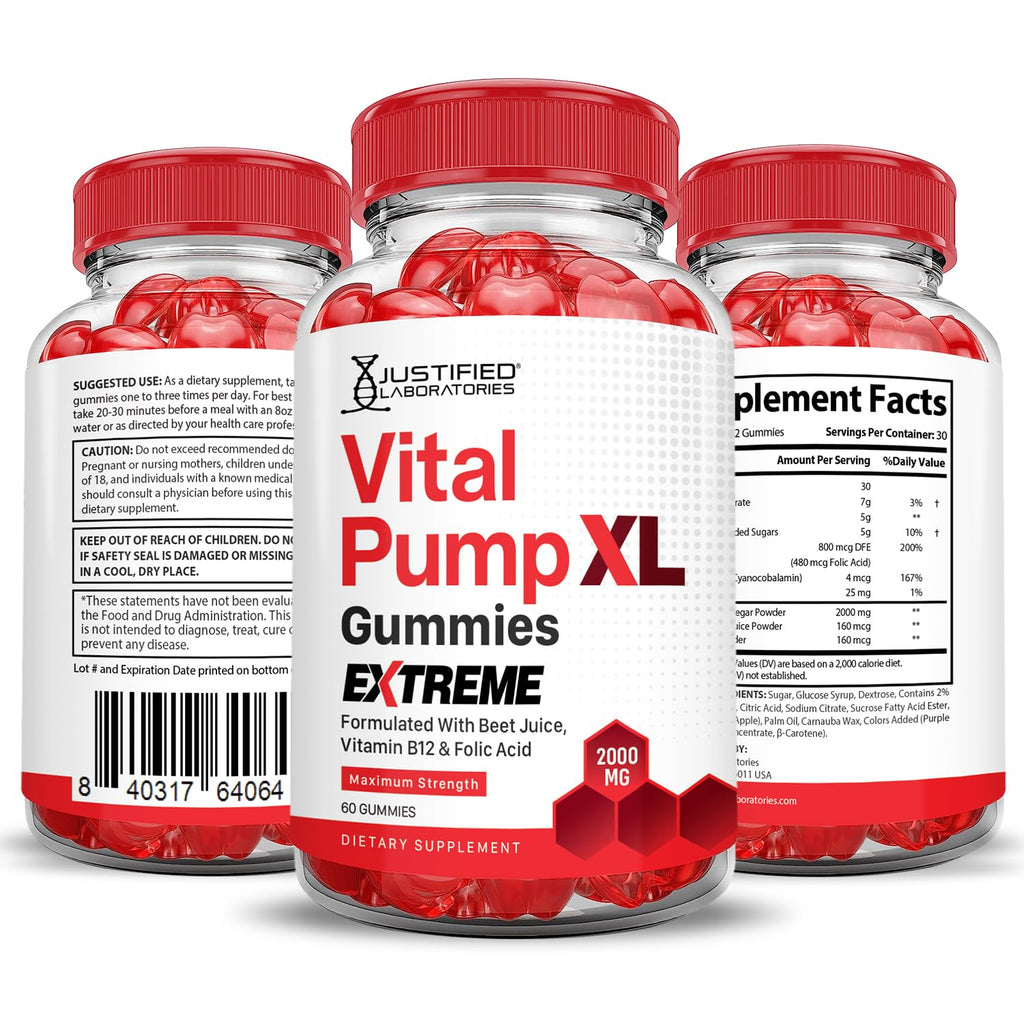 Three bottles of Justified Laboratories Vital Pump XL Gummies Extreme on a white background