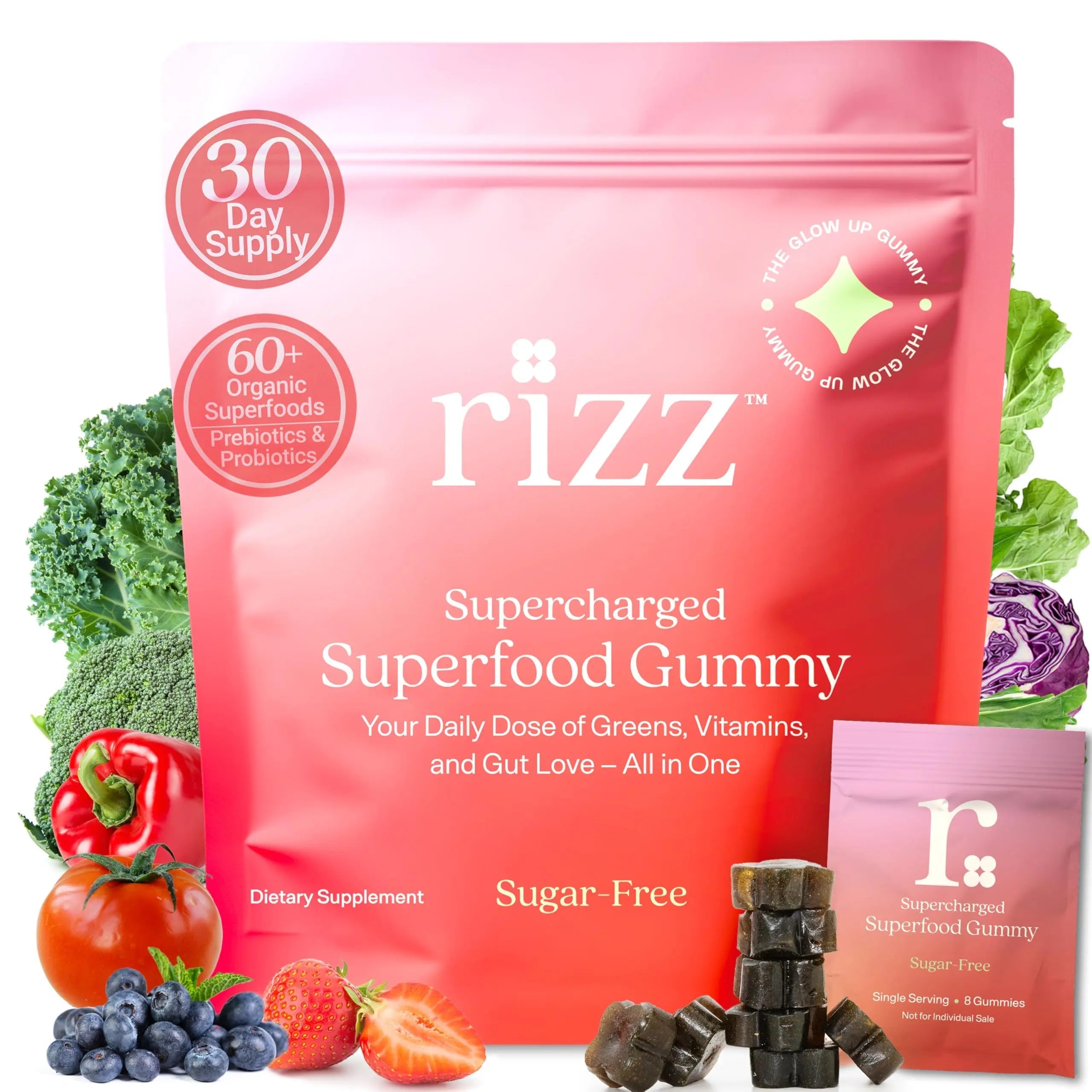 Rizz Sugar-Free Green Gummies - 60+ Superfoods 6g Fiber - Prebiotic and Probiotic Gummies - Vegan Multivitamins for Women & Men Rizz
