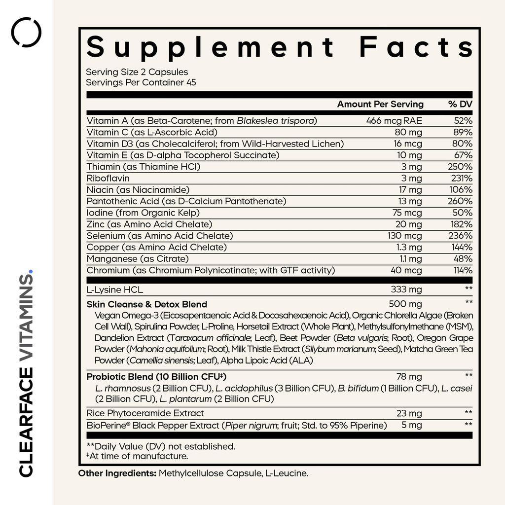 Codeage Clearface Pantothenic Acid, Niacin Supplement, Vitamins A, C, D3, E, Probiotics, Zinc, Riboflavin, Thiamin, L-Lysine HCL & Omega-3, Niacinamide, Skin Botanical Blend - Non-GMO - 90 Capsules CodeageBuy Supplements Australia