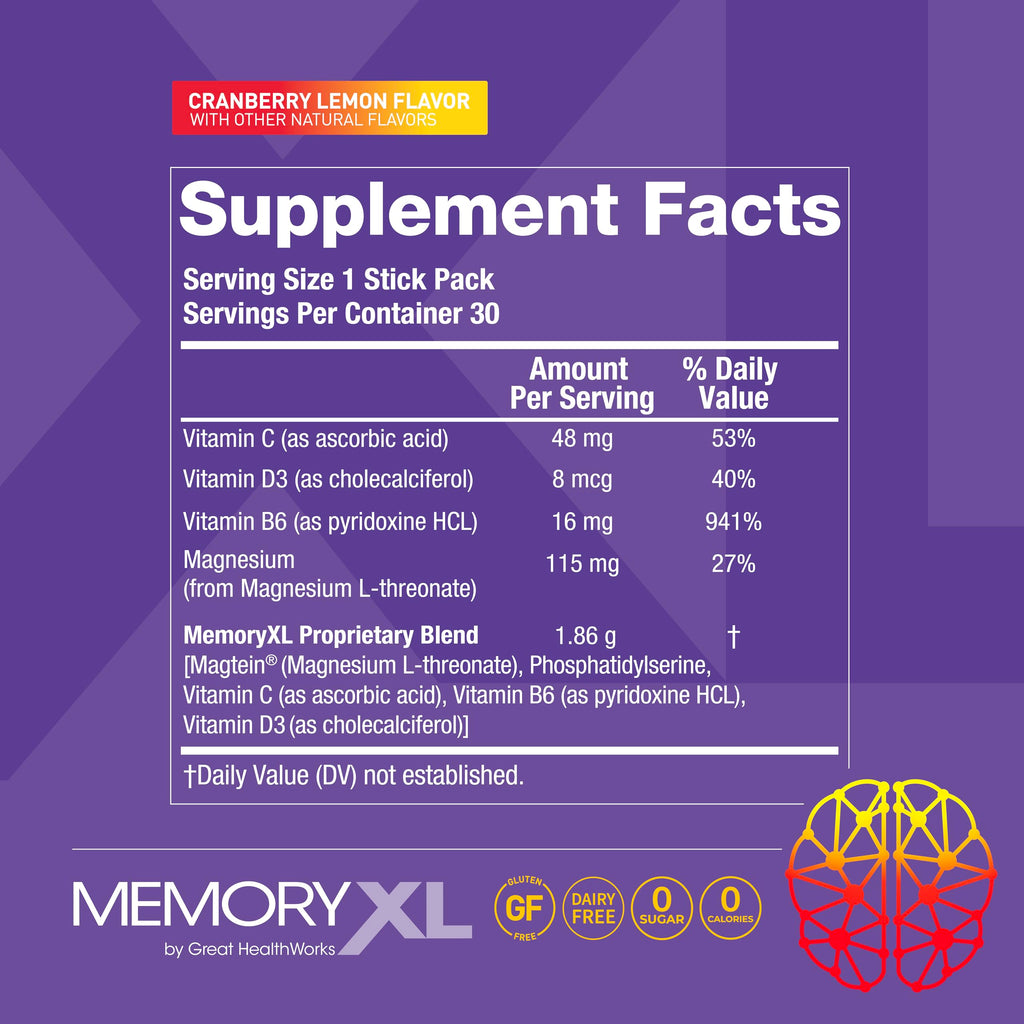 MemoryXL, Magnesium L-Threonate: Brain Supplement for Memory & Focus; Magtein®, Phosphatidylserine, Vitamin Mix. Improves Memory Focus Attention Learning & Logic. 0 Sugar, 0 cal, 30pk Cranberry Lemon OmegaXLBuy Supplements Australia