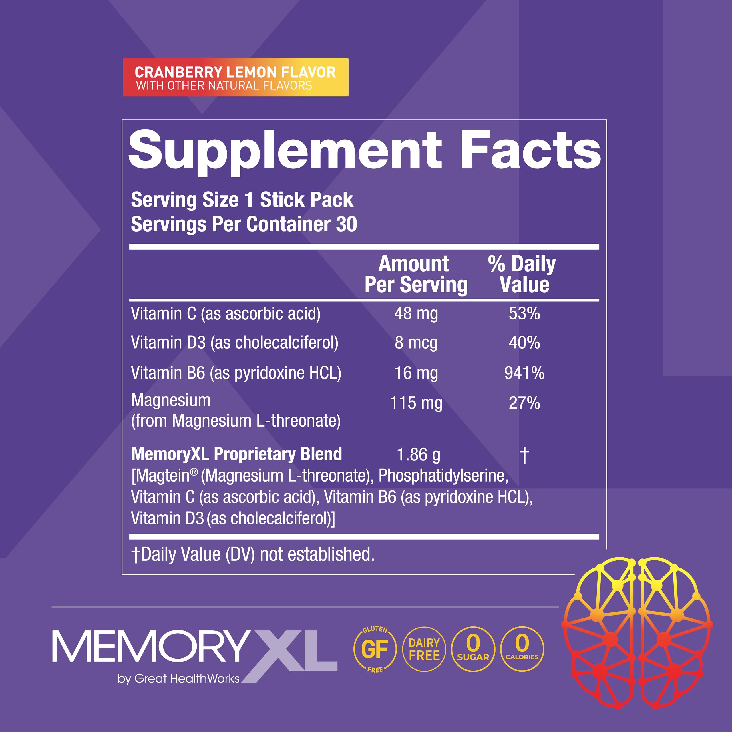 MemoryXL, Magnesium L-Threonate: Brain Supplement for Memory & Focus; Magtein®, Phosphatidylserine, Vitamin Mix. Improves Memory Focus Attention Learning & Logic. 0 Sugar, 0 cal, 30pk Cranberry Lemon OmegaXLBuy Supplements Australia