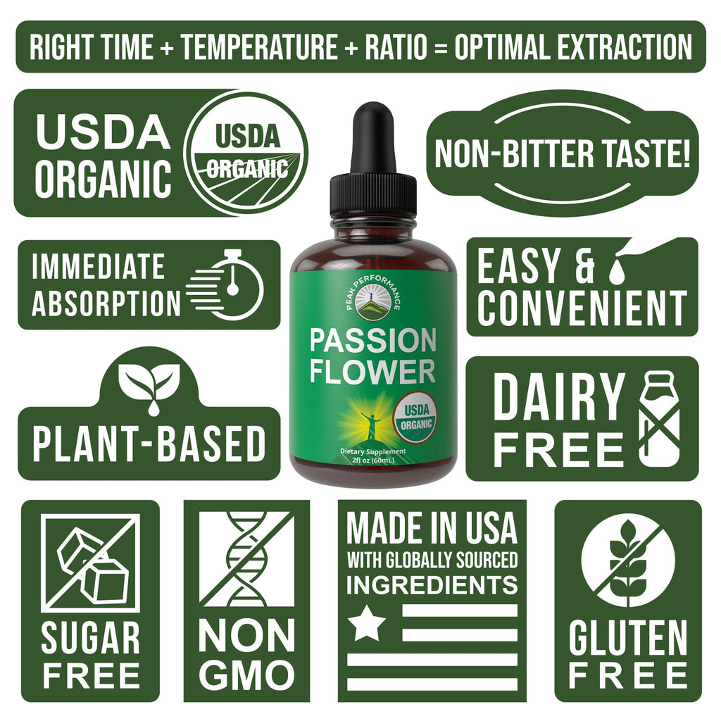USDA Organic Passion Flower Extract Vegan Liquid Drops with High Bioavailability for Women and Men. Organic Passionflower Supplement with Zero Sugar and Gluten Free. for Calm, Relaxation Support. Peak PerformanceBuy Supplements Australia