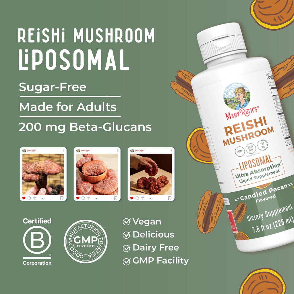 MaryRuth Organics Reishi Vegan Mushroom Supplement | Ultra Absorption Liposomal | Immune Support with 200mg Beta-Glucans, Vegan |Full Spectrum Reishi Mushrooms Fruiting Body | 7.6 oz, MARYRUTH'SBuy Supplements Australia
