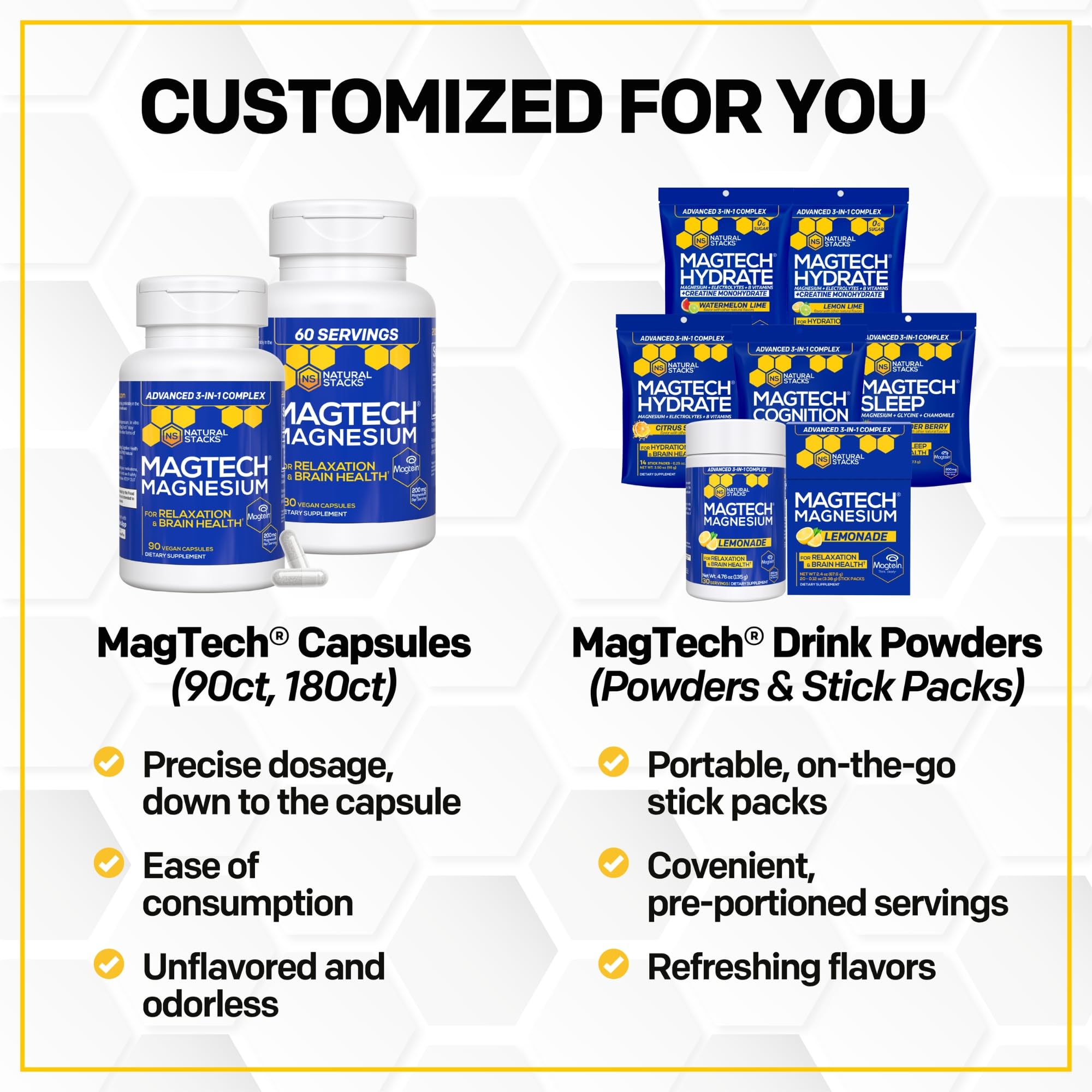 Magtein Magnesium L-Threonate, Glycinate & Taurate - MagTech Magnesium Powder - Sugar Free Lemonade Drink - 200mg Chelated Triple Complex - Supports Relaxation & Brain Health* - 30 Servings NATURAL STACKSBuy Supplements Australia
