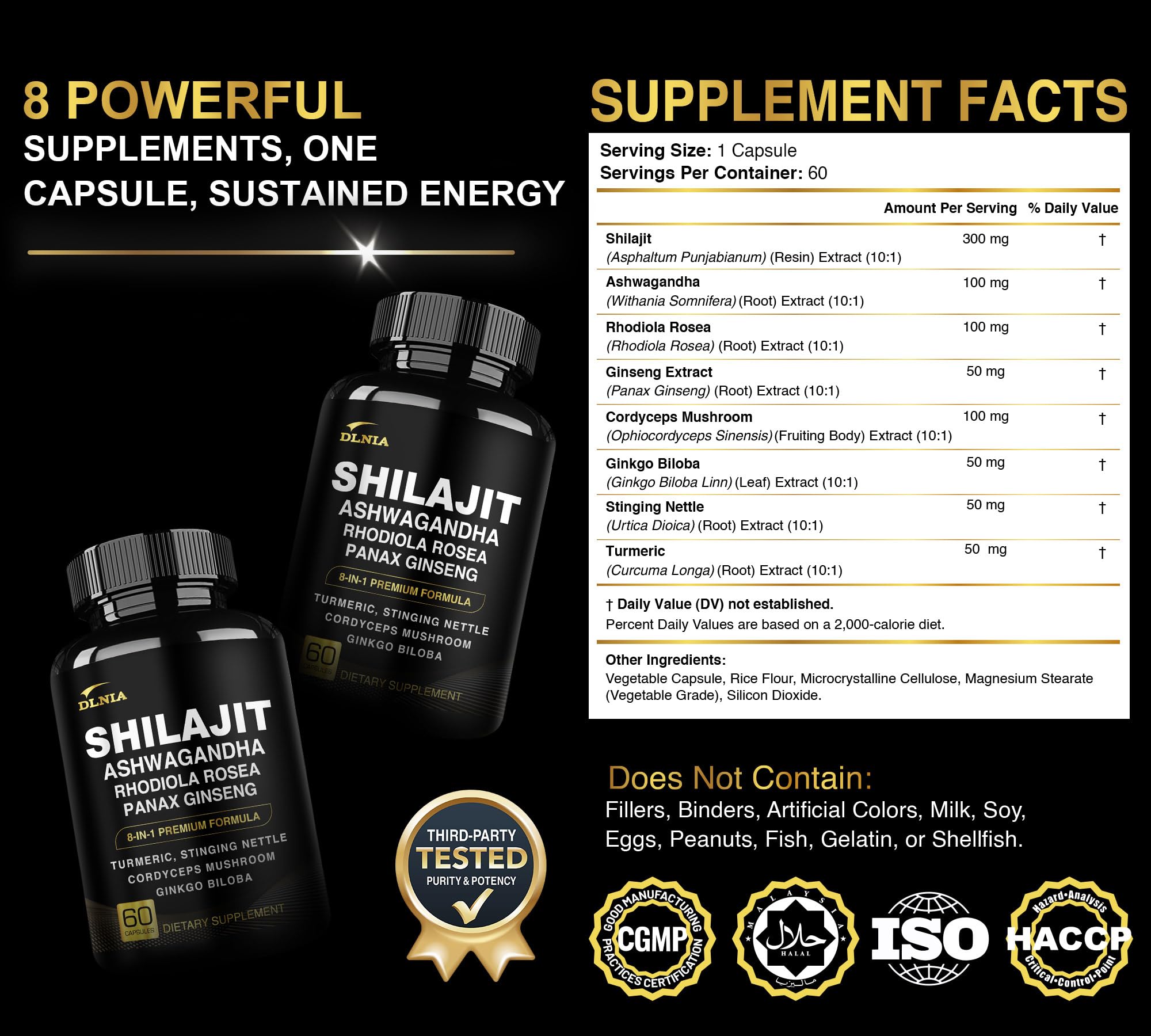 DLNIA 8-in-1 Shilajit for Men & Women with Ashwaganda Himalayan Organic Supplement with Rhodiola Rosea, Ginseng, Turmeric, Mushroom, for Immune Support, Energy, Calm, Focus, Clarity, Sleep, Cortisol DLNIABuy Supplements Australia