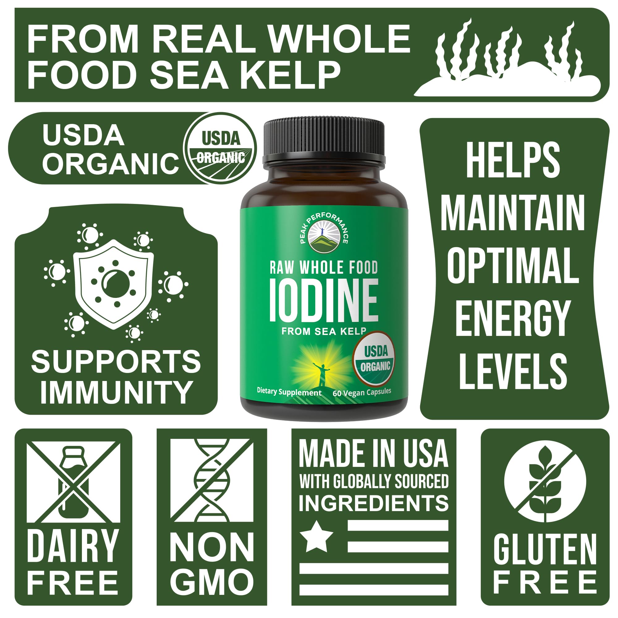 USDA Organic Raw Whole Food Iodine Supplement from Kelp (Ascophyllum Nodosum) - Potassium Iodide Tablets Alternative - for Thyroid, Energy, and Immune Support - 60 Vegan Capsules by Peak Performance Peak PerformanceBuy Supplements Australia