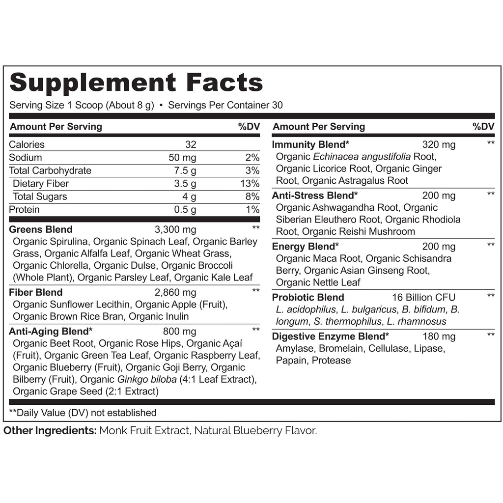 NATURELO Raw Greens Superfood Powder - Wild Berry Flavor - Boost Ener