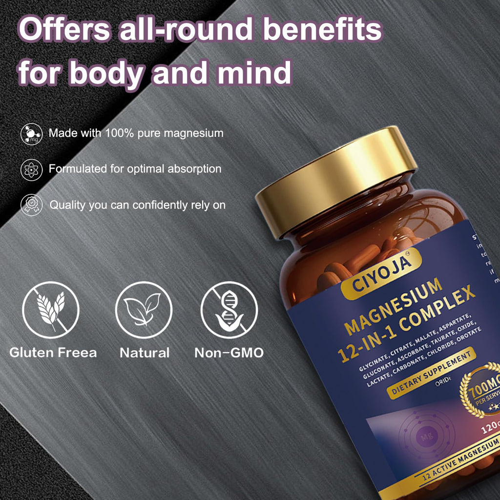 12-in-1 Magnesium Complex for Women Men: Magnesium Glycinate 700mg with Citrate, Malate Taurate Chelated Forms - High Absorption Magnesium Supplement for Relaxation Muscle Heart - 120 Vegan Capsules CIYOJA buy supplements Au