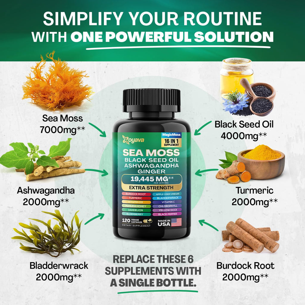 Zoyava Sea Moss 7000mg Black Seed Oil 4000mg Ashwagandha 2000mg Turmeric ZoyavaBuy Supplements Australia