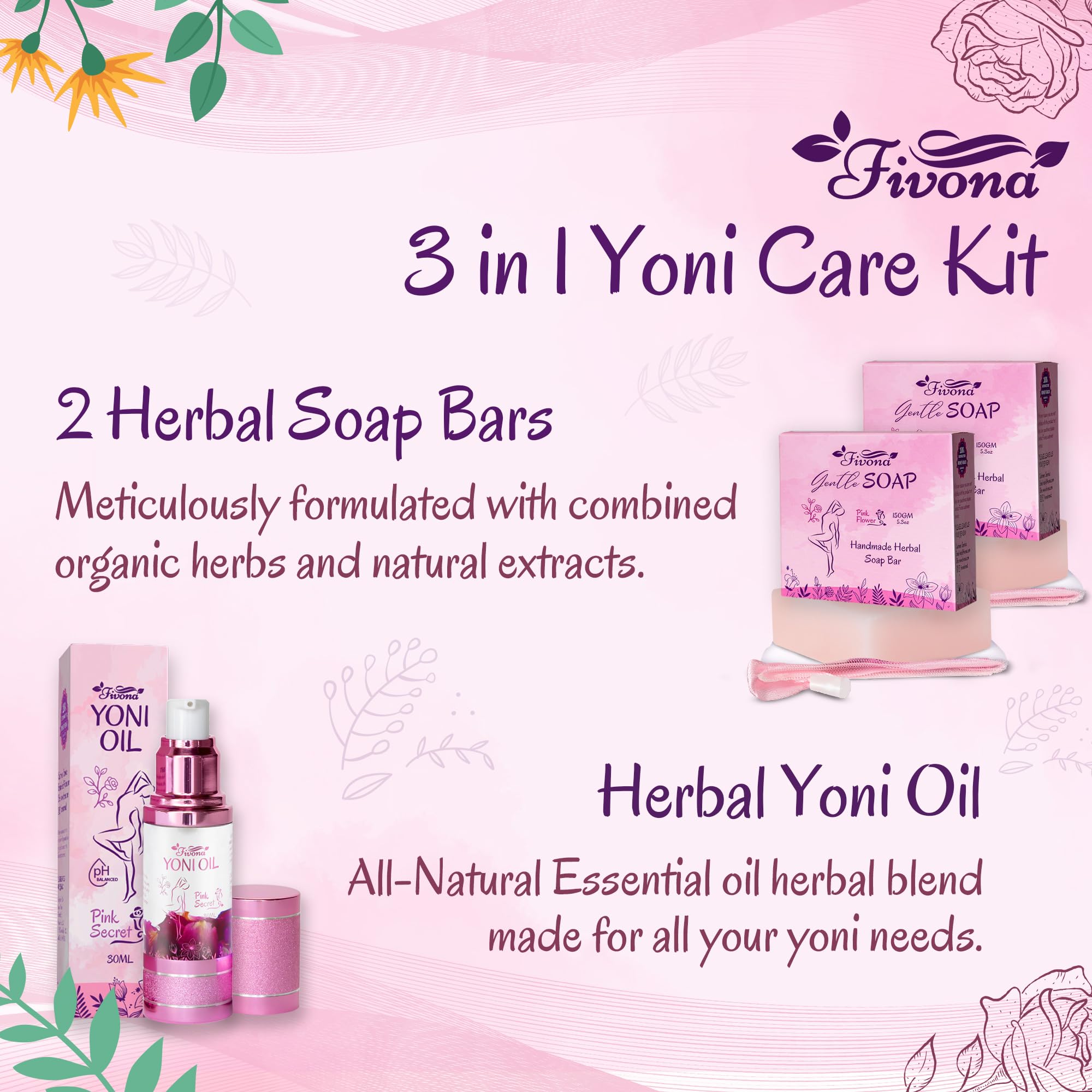 FIVONA 3 in 1 Set of Yoni Oil with 2 Yoni Soap Bars - Feminine pH Balanced Natural Vaginal Oil 30 ml FIVONABuy Supplements Australia