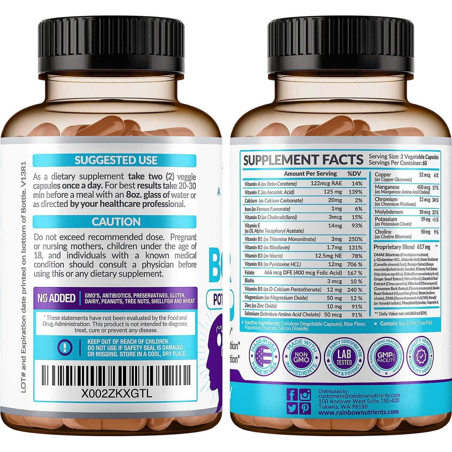 40-in-1 Brain Booster Supplements for Memory, Focus, Clarity, Energy, Performance | Natural Nootropic Brain Support Supplement with DMAE, Bacopa Monnieri & More | For Men & Women | 120 V Capsules Rainbow Nutrients, LLCBuy Supplements Australia