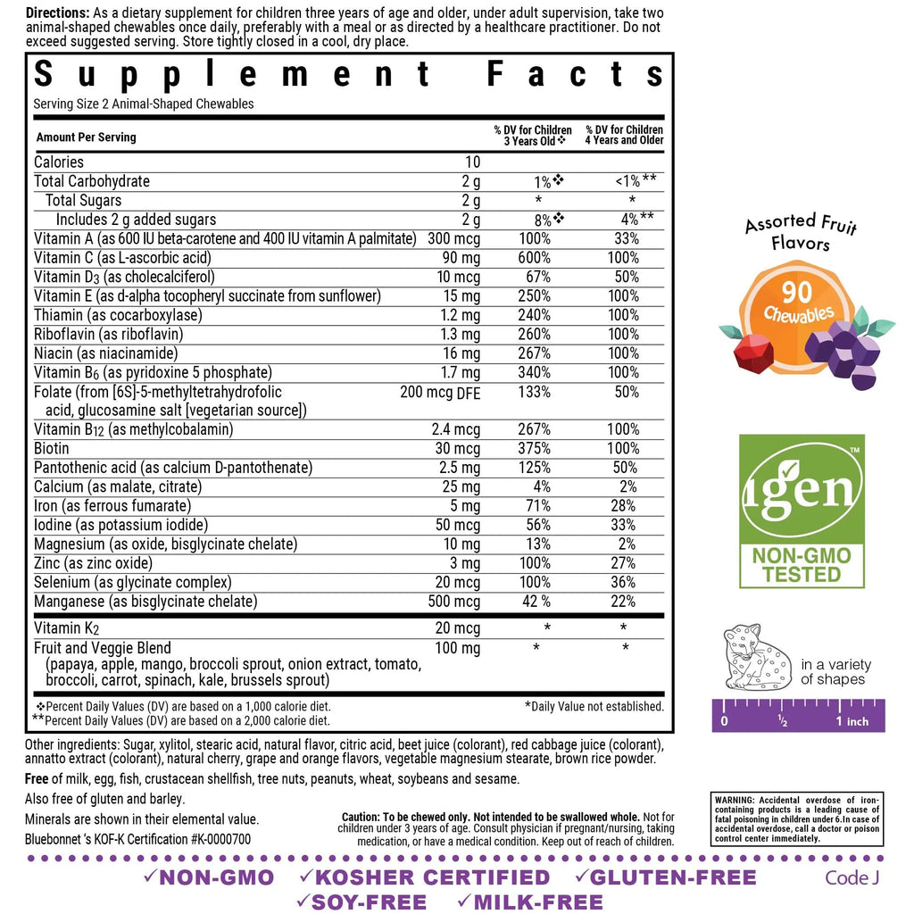 Bluebonnet Nutrition Rainforest Animalz Whole Food Based Multiple Chewable Tablets, Kids Multivitamin & Mineral, Vitamin C, D3, Iron BlueBonnetBuy Supplements Australia