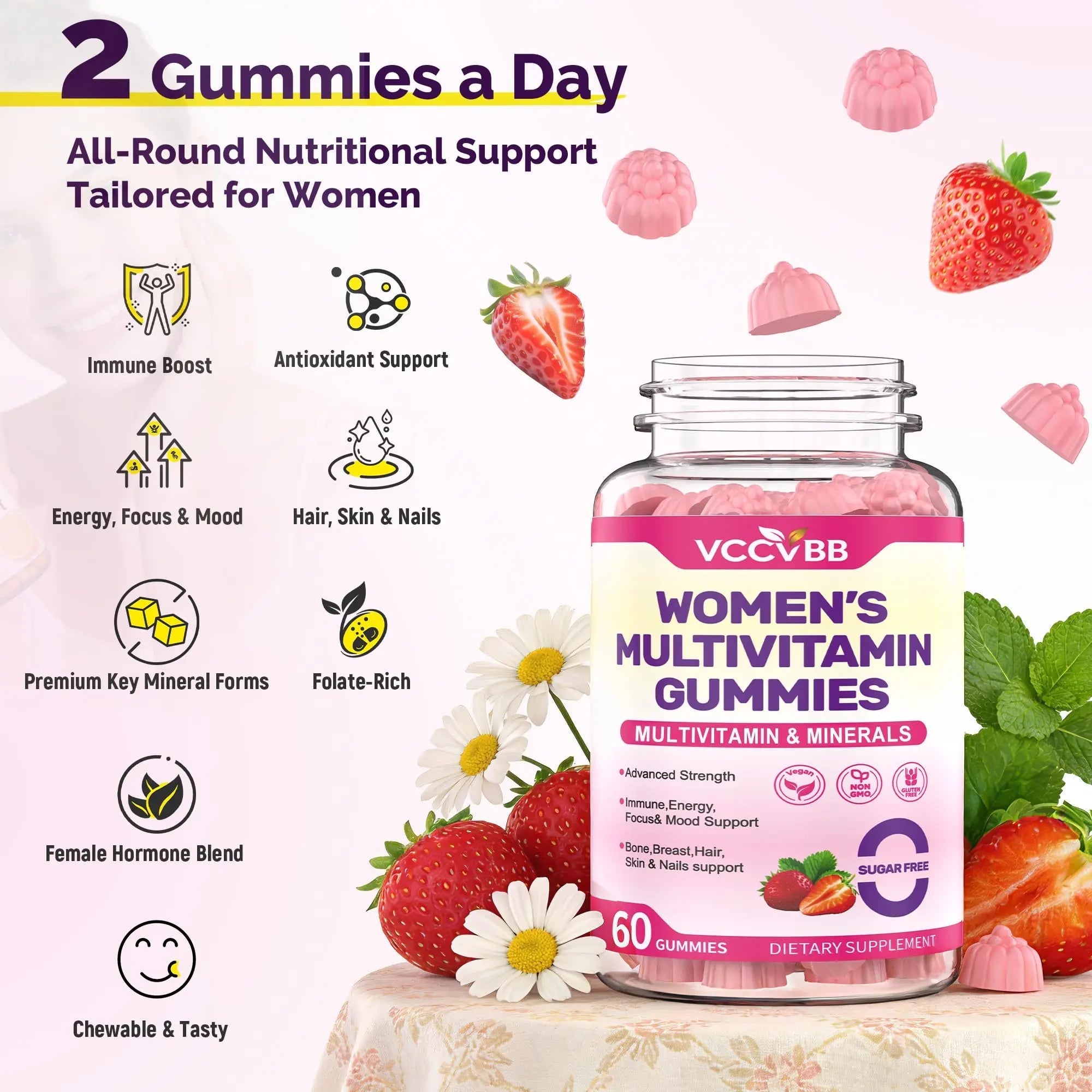 VCCVBB All-in-One Women's Multivitamin Gummies with Complete Vitamin & Mineral Complex, Herbal Blends for Energy, Overall Health VCCVBB