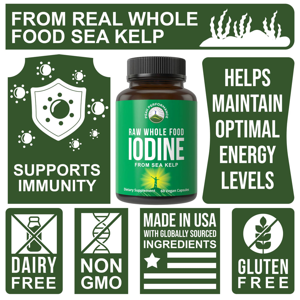 Raw Whole Food Iodine Supplement from Organic Kelp (Ascophyllum Nodosum) by Peak Performance. Potassium Iodide Support Tablets. for Metabolism, Energy, and Immune. 60 Vegan Capsules, Pills. Peak PerformanceBuy Supplements Australia