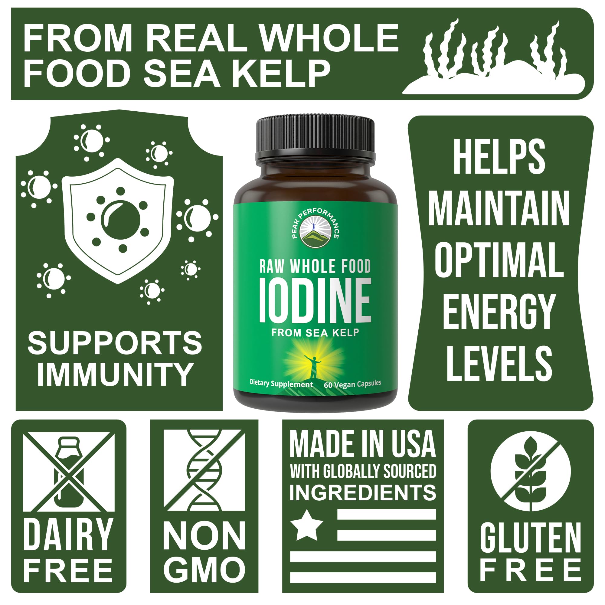 Raw Whole Food Iodine Supplement from Organic Kelp (Ascophyllum Nodosum) by Peak Performance. Potassium Iodide Support Tablets. for Metabolism, Energy, and Immune. 60 Vegan Capsules, Pills. Peak PerformanceBuy Supplements Australia