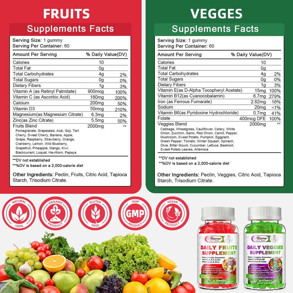 Sugar-Free Fruits & Veggies Gummies, Super Greens with 23 Fruits & 25 Veggies, Multivitamin Minerals & Fiber, Vegan Fruit & Vegetable Supplement for Adults, 120 Gummies, 2 Month Supply AlliwiseBuy Supplements Australia
