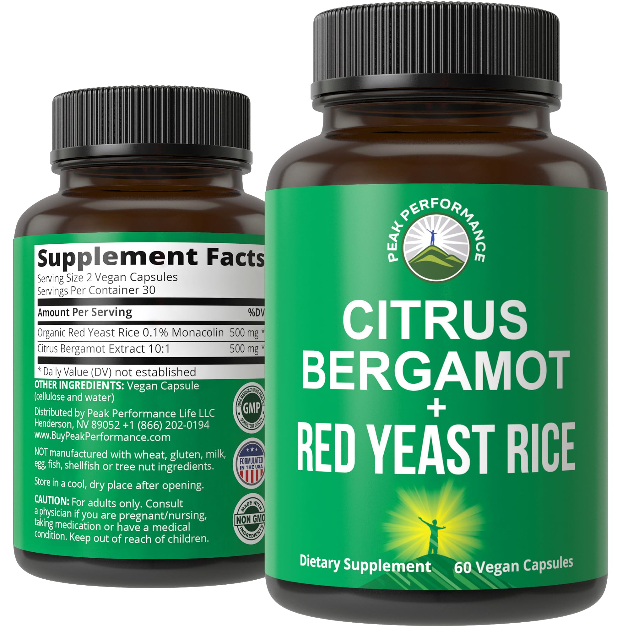 Citrus Bergamot + Red Yeast Rice. 2-in-1 Supplement. High Strength 10:1 Bergamot Extract. No Gluten, Zero Sugar, Vegan Capsules Peak PerformanceBuy Supplements Australia