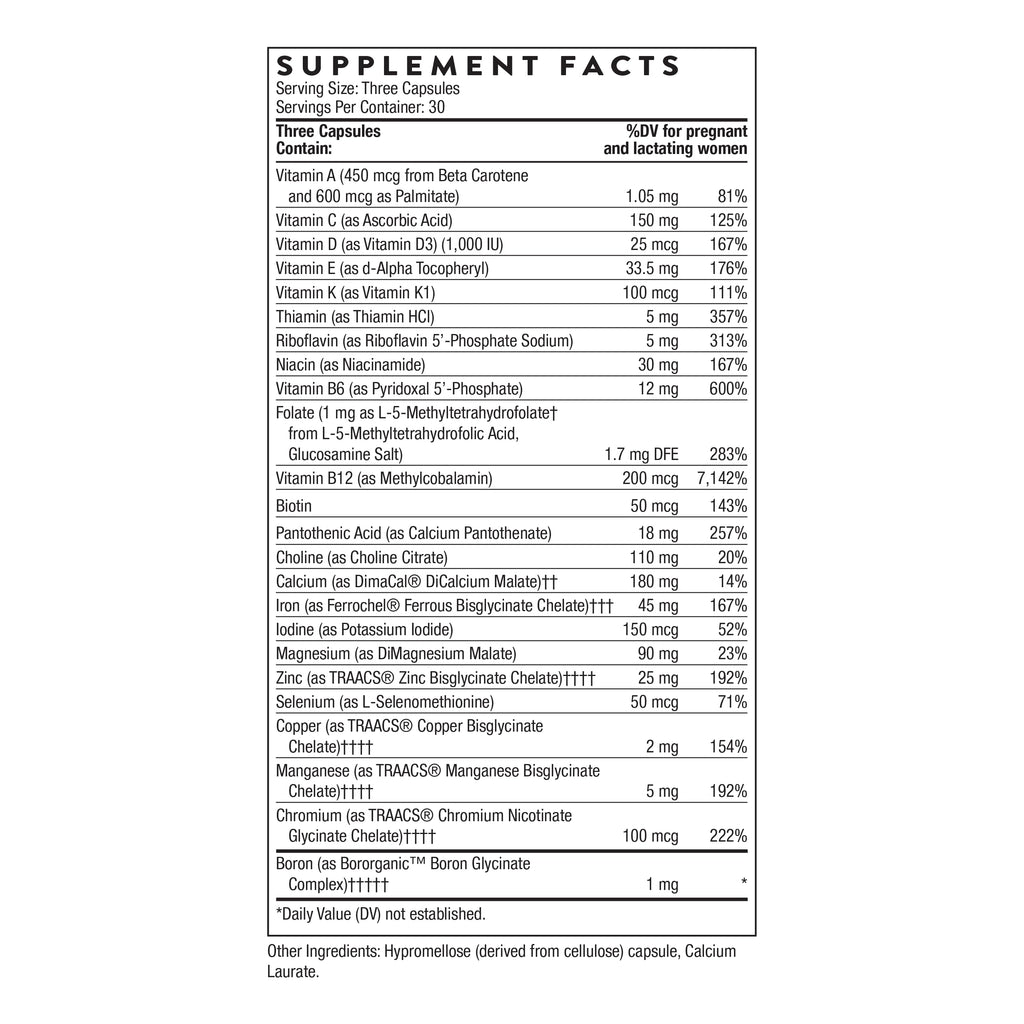 THORNE - Basic Prenatal - Well-Researched Folate Multi for Pregnant and Nursing Women Includes 18 Vitamins and Minerals, Plus Choline - Gluten, Dairy & Soy-Free - 90 Capsules - 30 Servings THORNEBuy Supplements Australia