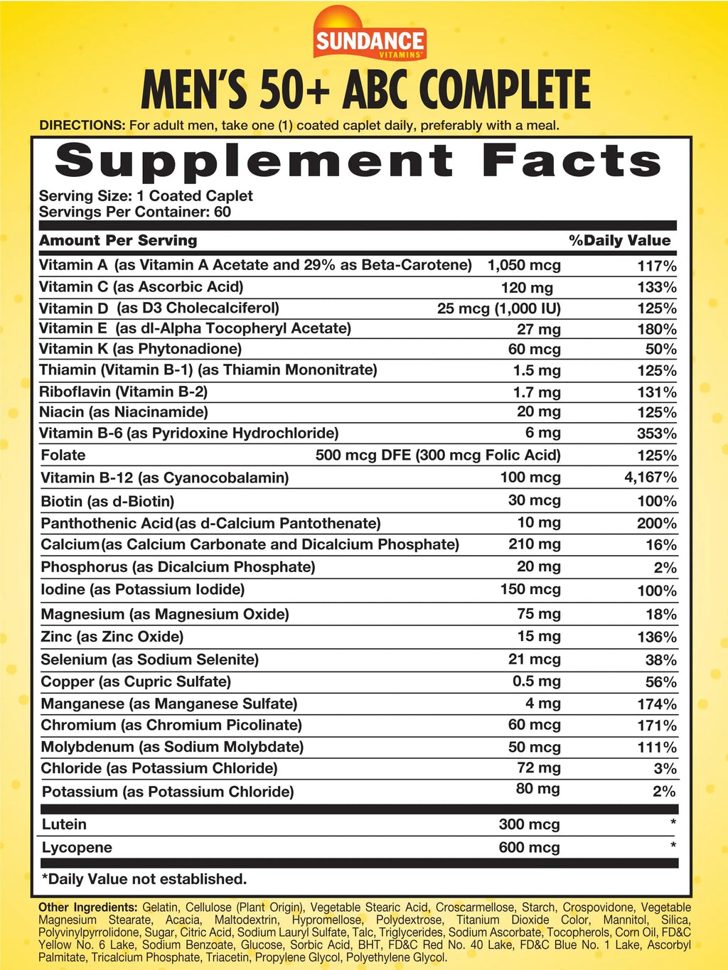 Sundance Men's 50+ Multivitamin Caplets | with Vitamins A, C, E, B6, B12 | Multimineral Formula | Non-GMO & Gluten Free Supplement Sundance