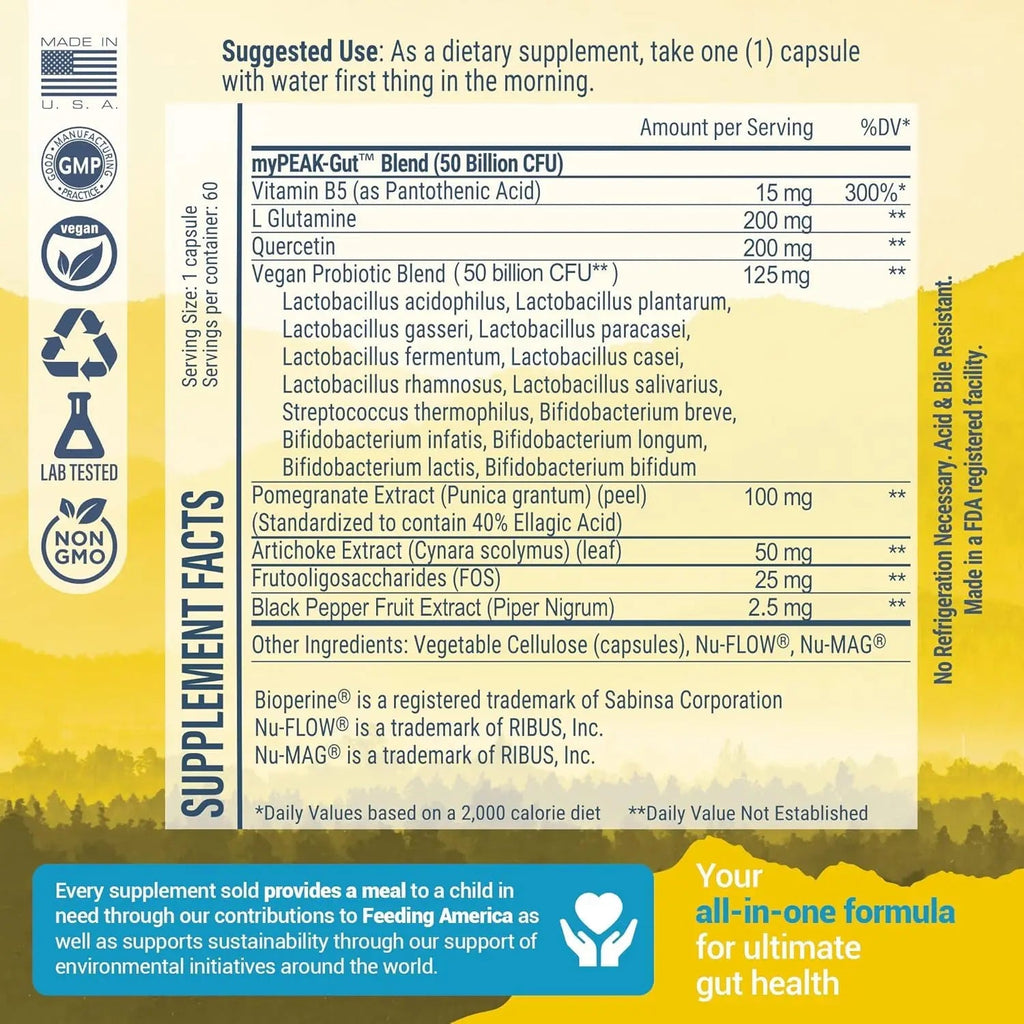 myPEAK PeakBiotic: The Ultimate Vegan Synbiotic with 50 Billion CFU Probiotics Prebiotics Postbiotics Modbiotics and Gut Lining to Enhance Digestion, Skin, and Mood with 2-Month Supply, 60 Capsules myPEAKBuy Supplements Australia