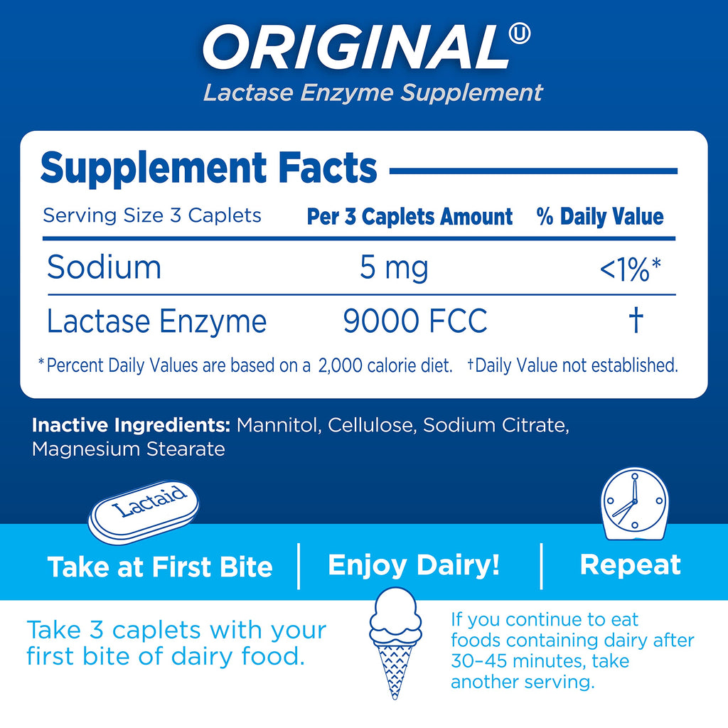 Lactaid Original Strength Lactose Intolerance Pills, 9000 FCC Natural Lactase Enzyme Dairy Relief Caplets, Helps Prevent Gas, Bloating & Diarrhea Due to Lactose Sensitivity in Adults & Kids, 120 Count Lactaid buy supplements Au