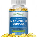 Bottle of HZZY PLANT 14-IN-1 Magnesium Complex supplement with yellow capsules on a white background