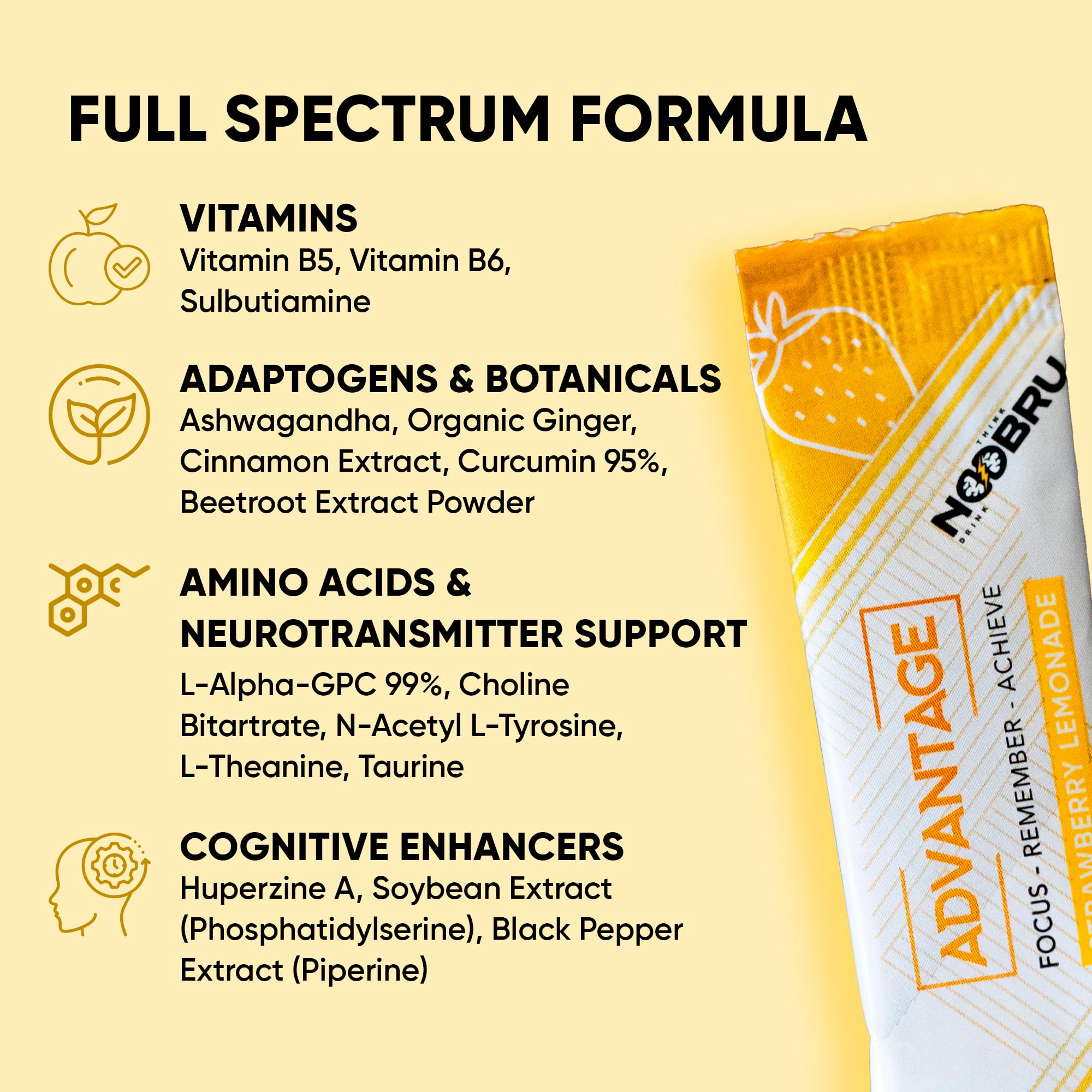 Noobru Аdvantage Nootropic - Delicious Nootropics Brain Supplement with 11 Active Ingredients - Natural Cognitive Enhancer - 20 Strawberry Lemonade Sachets - 1 Month Supply, 20 Count (Pack of 1) NoobruBuy Supplements Australia