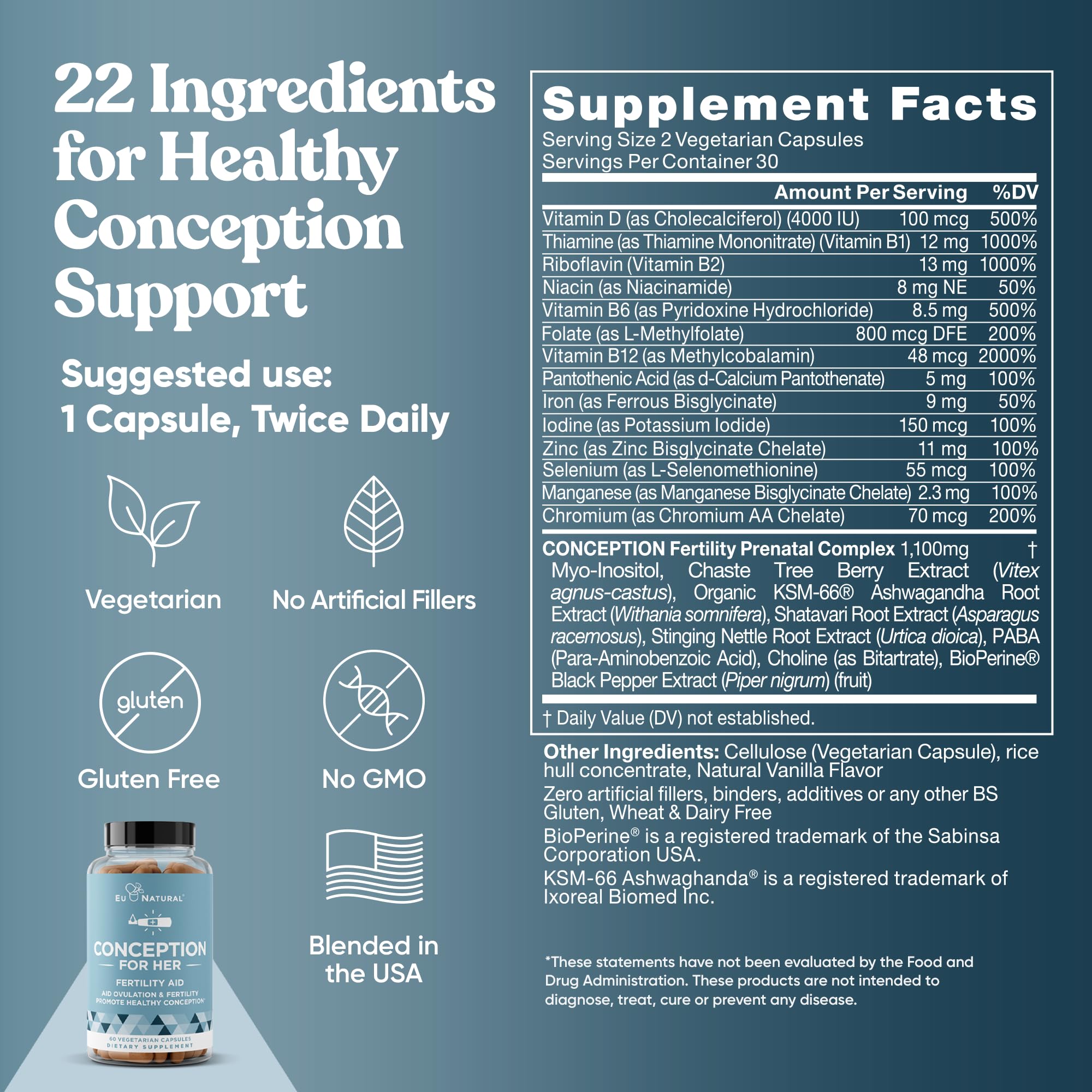 Eu Natural Conception for Her Fertility Supplements for Women - Ovulation, Hormonal Balance & Regular Cycle Support - Myo-Inositol, Folate, Folic Acid & Vitex - 60 Vegetarian Capsules Eu NaturalBuy Supplements Australia