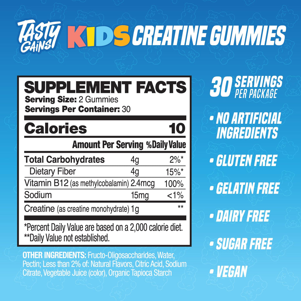 TASTY GAINS Kids & Teen Creatine Gummies with Vitamin B12 for Growth Support, Easy Chew Daily Supplement, Gummy Vitamins for Kids and Teens, Ages 5+ TASTY GAINSBuy Supplements Australia