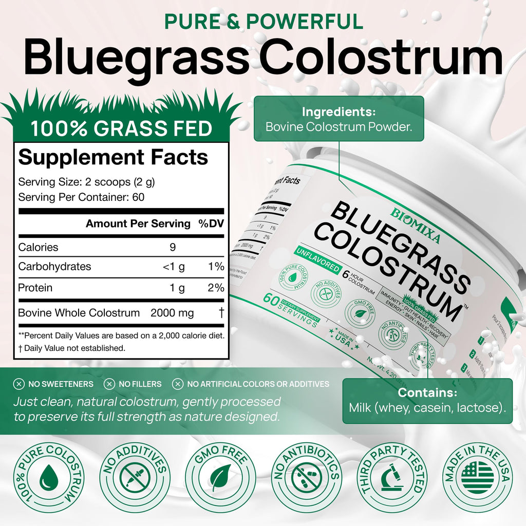 Bovine Colostrum Supplement - 100% Pure Whole Colostrum Powder - Grass-Fed, Unflavored, No Additives, Gut & Immune Support, Natural IgG, 60 Servings - Made in USA Bluegrass ColostrumBuy Supplements Australia