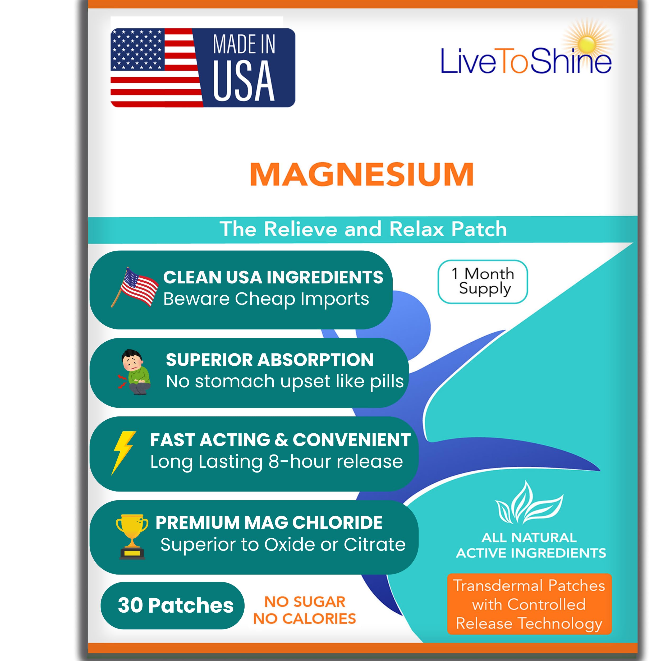 Magnesium Patches for Men and Women - Sleep Support & Relaxation, Muscle Recovery, Nerve Function - USA Made - 30 Premium Fast-Acting, Slow-Release Patches - Live To Shine Live To ShineBuy Supplements Australia