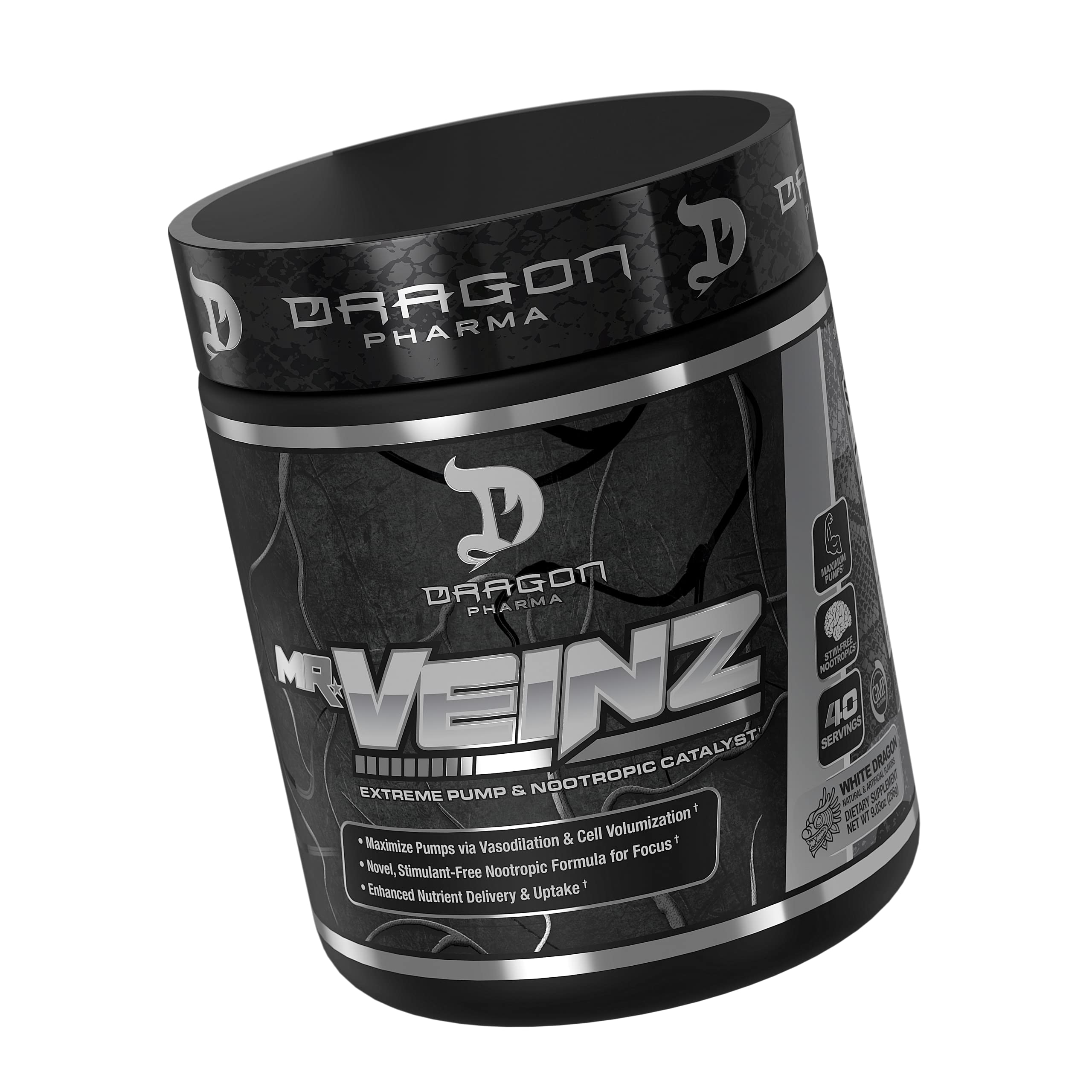 DRAGON PHARMA Mr. Veinz Stim Free Pre-Workout, Extreme Pump & Nootropic Catalyst, Maximize Pumps via Vasodilation & Cell Volumization, Stimulant-Free Formula for Focus (40 Servings, White Dragon)
