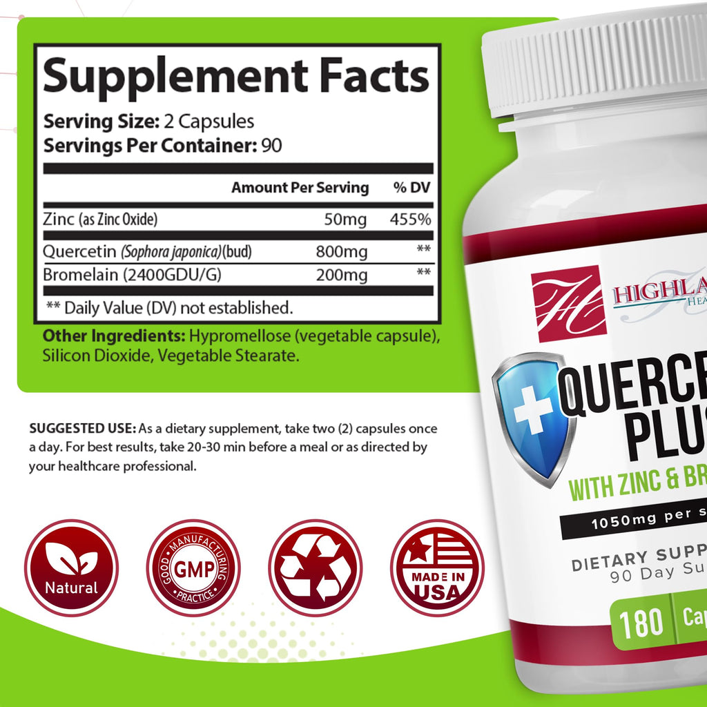 Highland Health Foods Quercetin Plus Bromelain and Zinc 180 Capsules - Immune Support Supplement for Adults, Teens, Seniors - Quercetin with Bromelain for Immune Support Highland Health FoodsBuy Supplements Australia