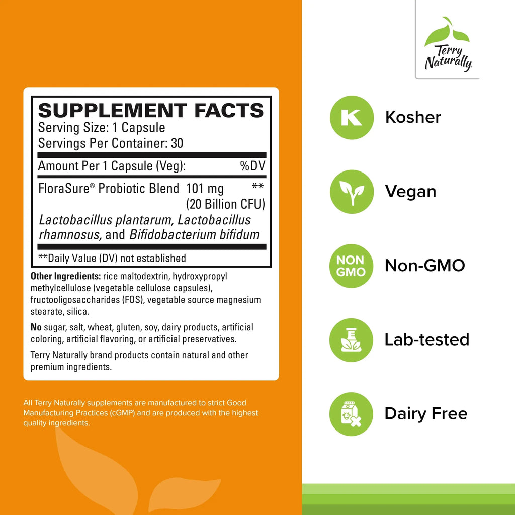 Terry Naturally FloraSure Probiotic - Digestion Supplement to Aid Against Occasional Bloating & Support Gas Relief - Gut Health Support with Bifidobacterium Bifidum - 30 Capsules (Pack of 2) Terry Naturally buy supplements Au