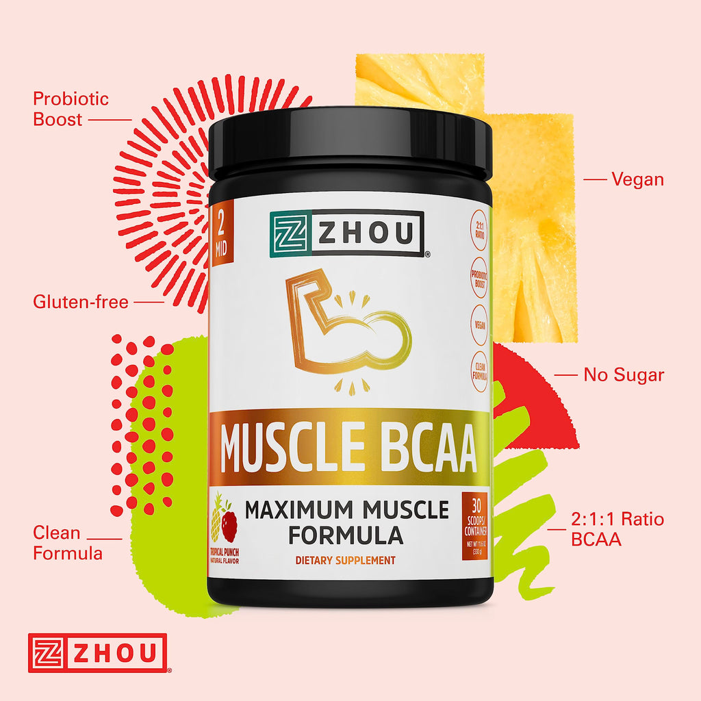 Zhou Nutrition Muscle BCAA Powder, Vegan Muscle Recovery, Natural, Clean Formula Zhou NutritionBuy Supplements Australia