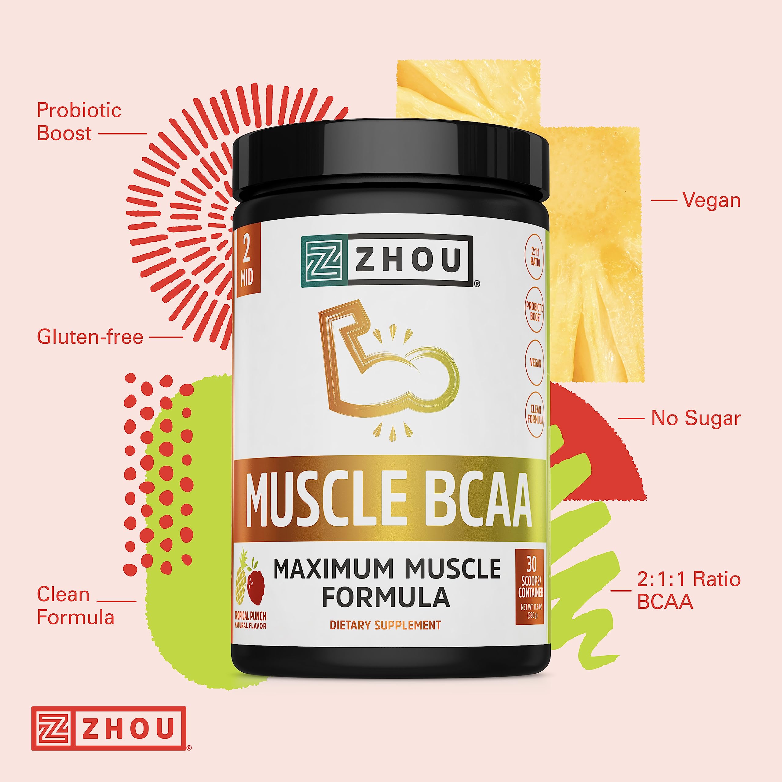 Zhou Nutrition Muscle BCAA Powder, Vegan Muscle Recovery, Natural, Clean Formula Zhou NutritionBuy Supplements Australia