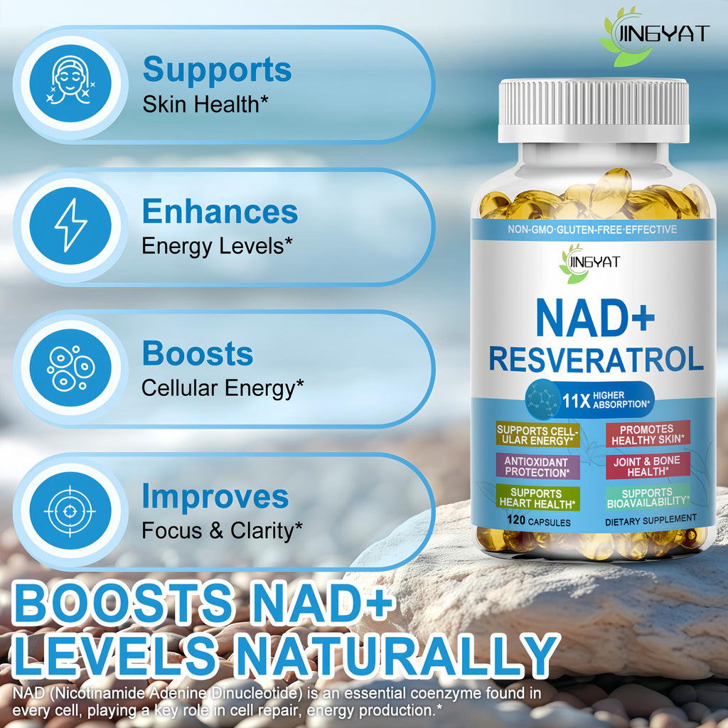 JINGYAT 11-in-1 NAD Supplement with Resveratrol, CoQ10, Quercetin, Collagen, Grape Seed for Cellular Energy, Mental Focus & Antioxidant Support - NAD Supplement for Women & Men, 120 Soft Capsules JINGYATBuy Supplements Australia