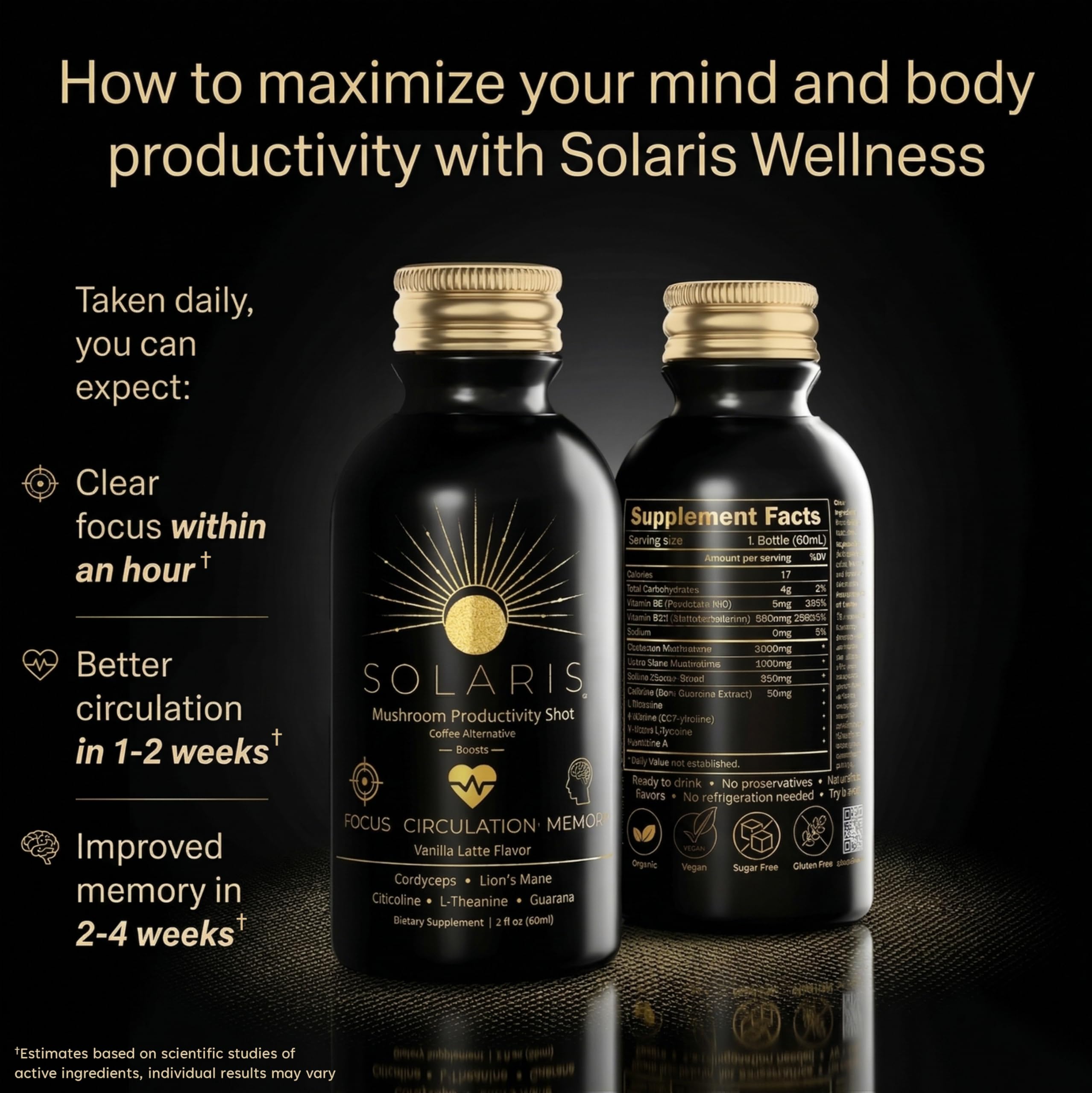 Solaris Mushroom Productivity Wellness Shots | Focus, Circulation, Memory | 4000mg of Cordyceps & Lion's Mane | Citicoline, L-Theanine, Vitamin B6/B12 | Coffee Alternative (6-Pack) Solaris ExtractsBuy Supplements Australia