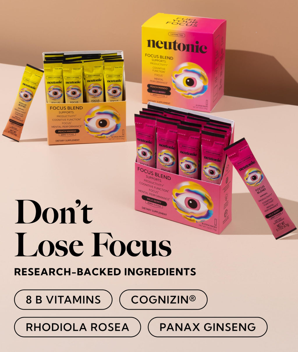 Neutonic Nootropic Focus Blend Powder | Peach Mango & Wild Berry 32 Sticks | Caffeine Free, Zero Sugar | Support Memory, Mental Clarity, Cognitive Function | Boost Focus, Energy, Brain Health NeutonicBuy Supplements Australia