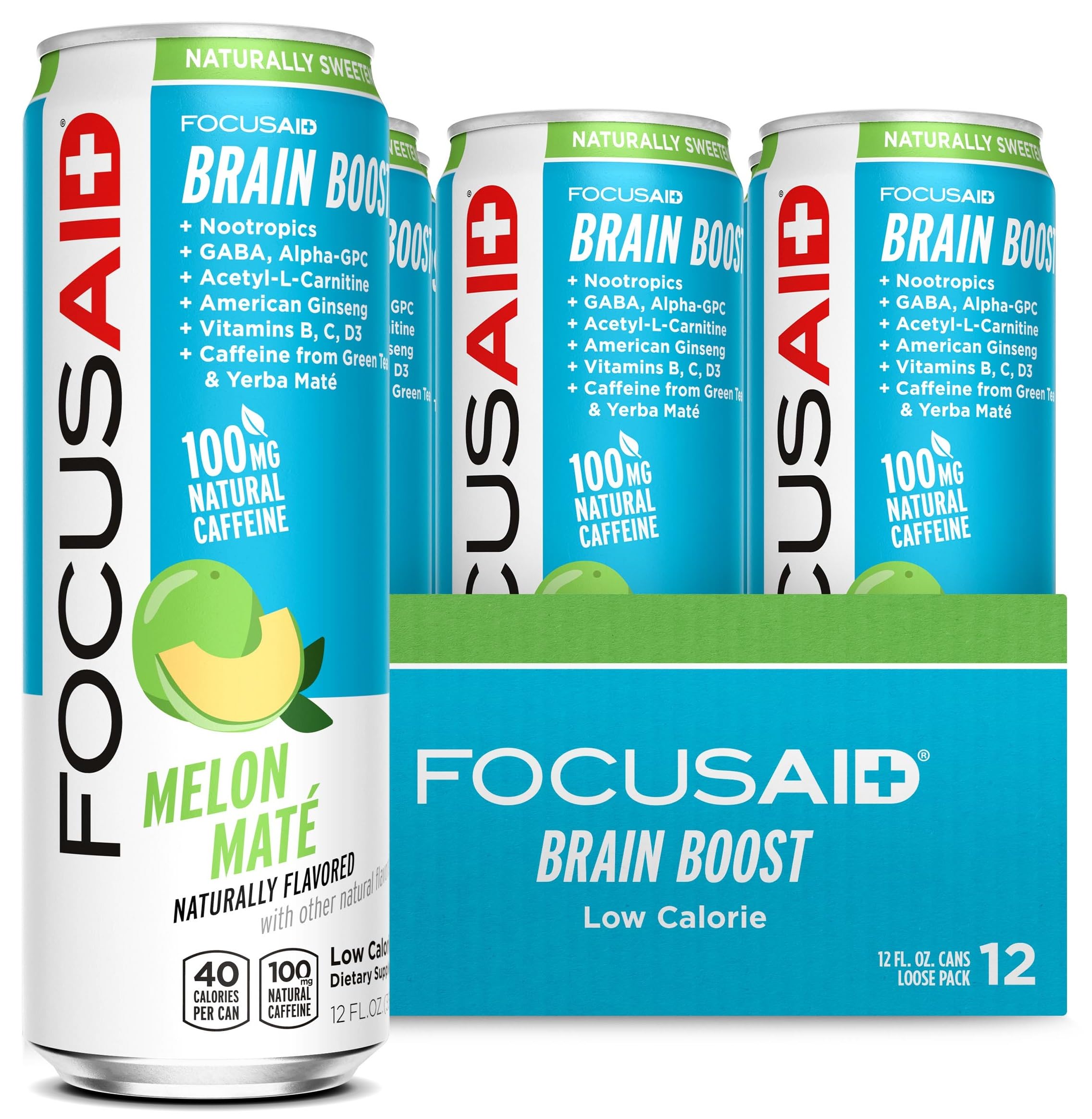 FOCUSAID Energy Blend, Brain Boosting Nootropics Drink, Alpha-GPC, GABA, B-Complex, Yerba Mate, Green Tea, 100% Clean, 100mg Natural Caffeine, 12-oz. can, 12 Pack LIFEAIDBuy Supplements Australia