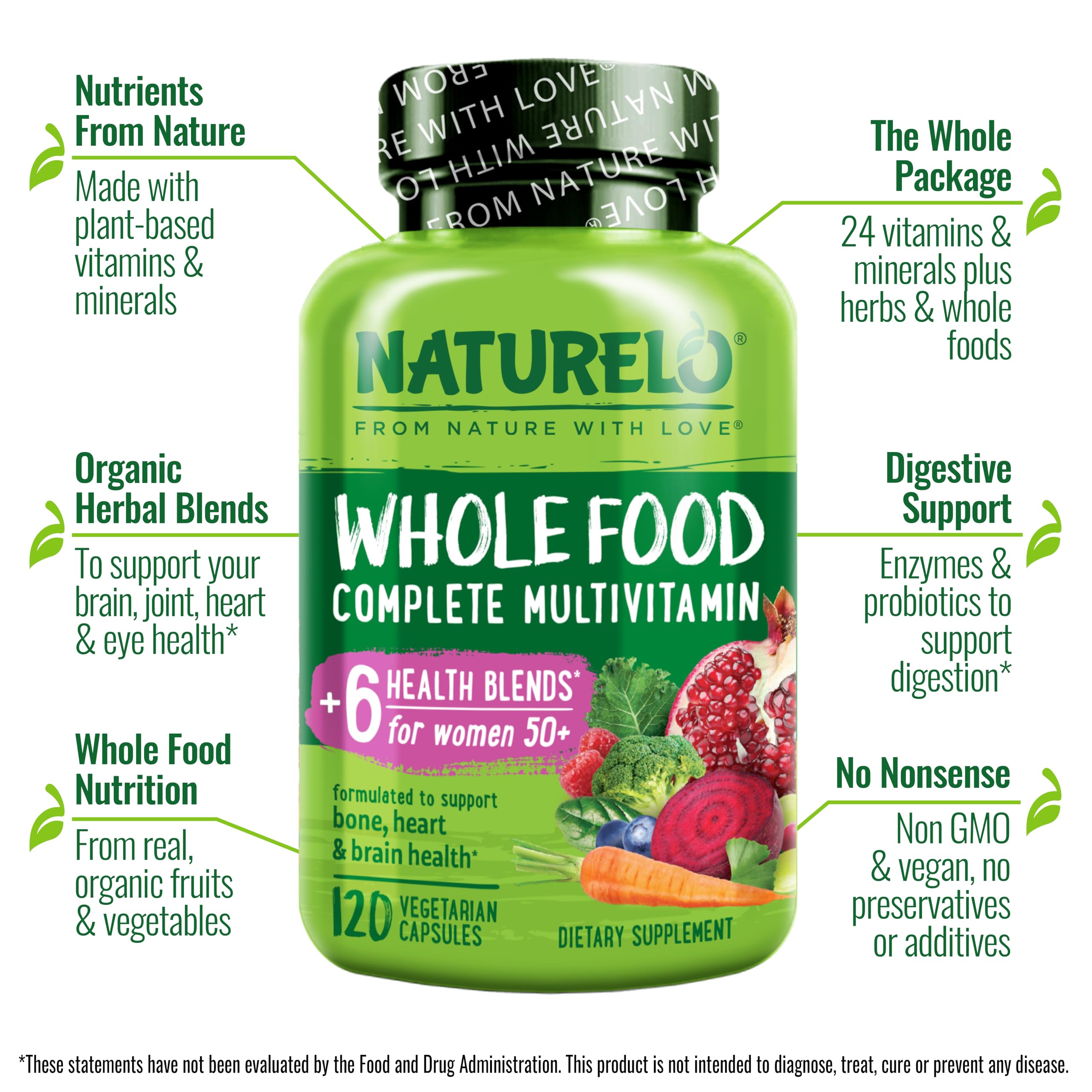NATURELO Whole Food Multivitamin for Women 50+ (Iron Free) with Vitamins, Minerals, & Organic Extracts - Supplement for Post Menopausal Women Over 50