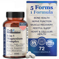 Supplement bottle and packaging of Zns Health 5-in-1 Magnesium Complex with text on benefits.