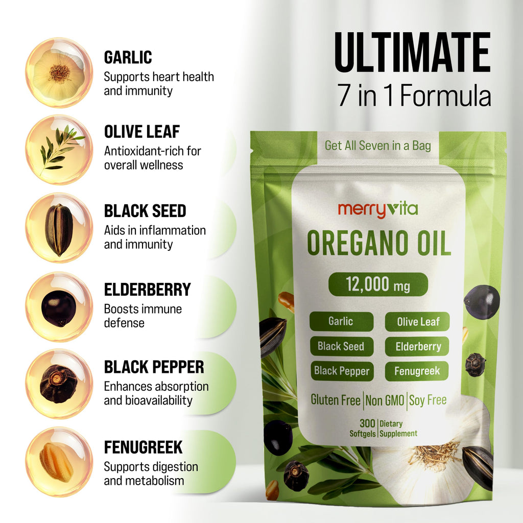 MERRY VITA Oil of Oregano with Black Seed Oil– Oregano Oil Capsules Organic, High Carvacrol – Aceite de Orégano Cápsulas, Immune Support Supplement – Non-GMO - 300 Softgels MERRY VITA buy supplements Au
