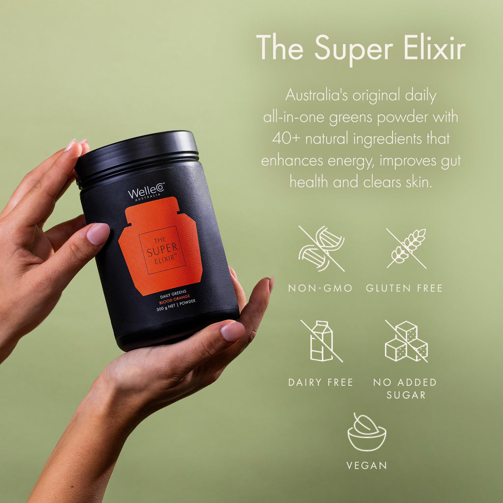 WelleCo The Super Elixir Daily Greens Powder, Probiotic Drink Mix with Whole Foods, Gluten Free, Vegan Gut Health Powder, Energy, Immunity, Healthy Skin, Hair & Nails (Jar, Blood Orange) WelleCoBuy Supplements Australia